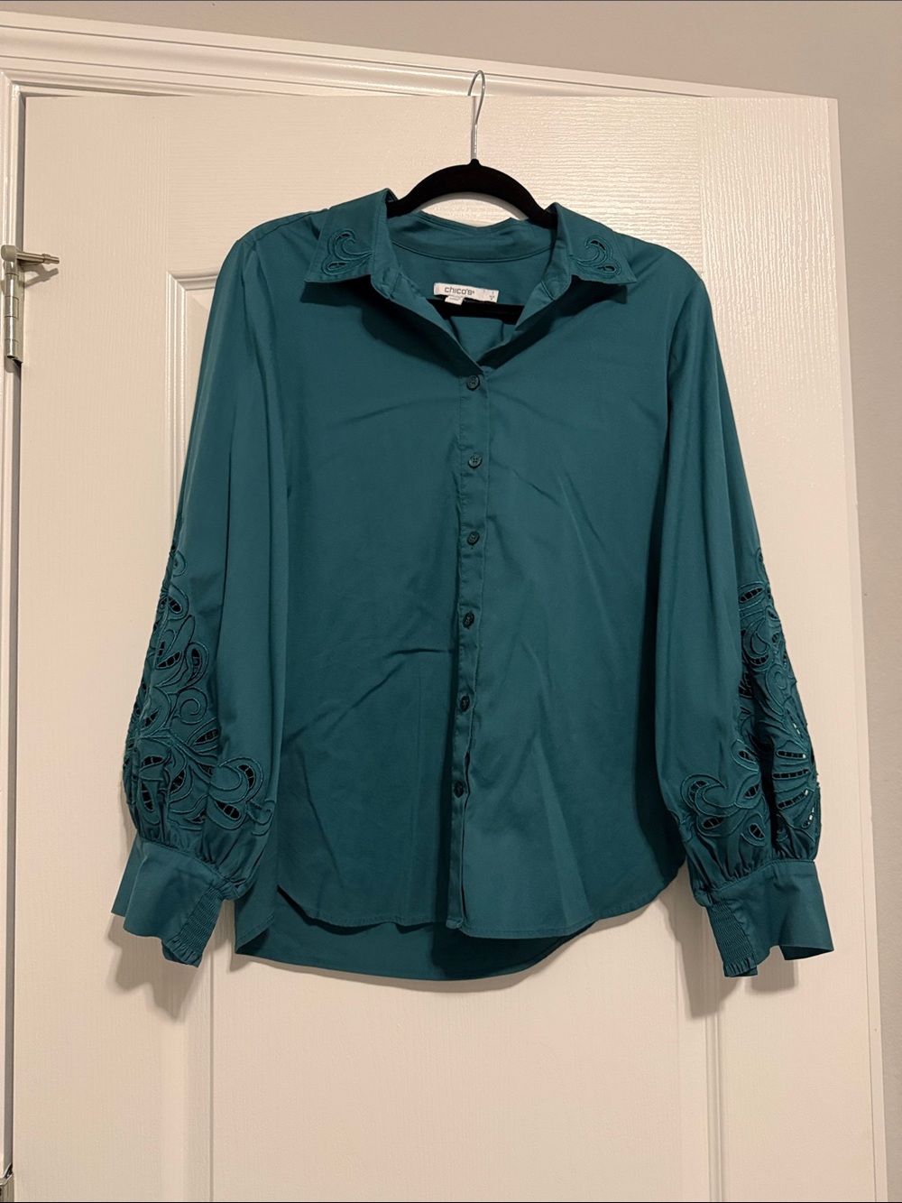 Chico's Teal Button-Front Blouse with Cutout Embroidered Sleeves